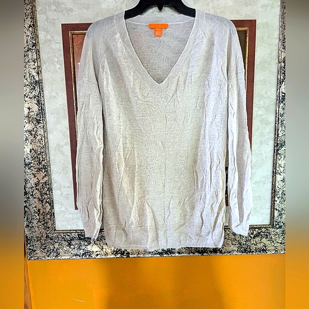 Tan V-Neck Linen Sweateru